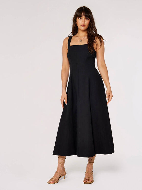 Panel Linen Midi Dress, Black, large