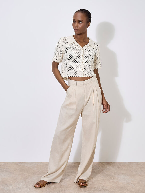 Floral Cotton Crochet Cardigan, Stone, large