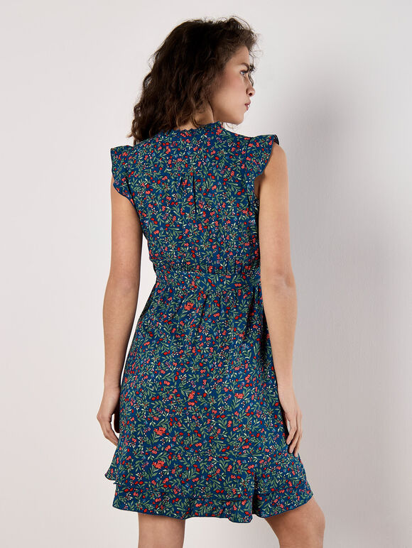 Ruffle Floral Mini Dress, Blue, large