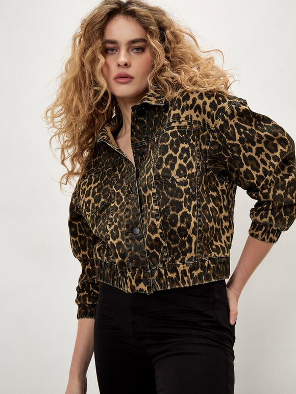 Leopard Print Denim Crop Jacket, Brown, large