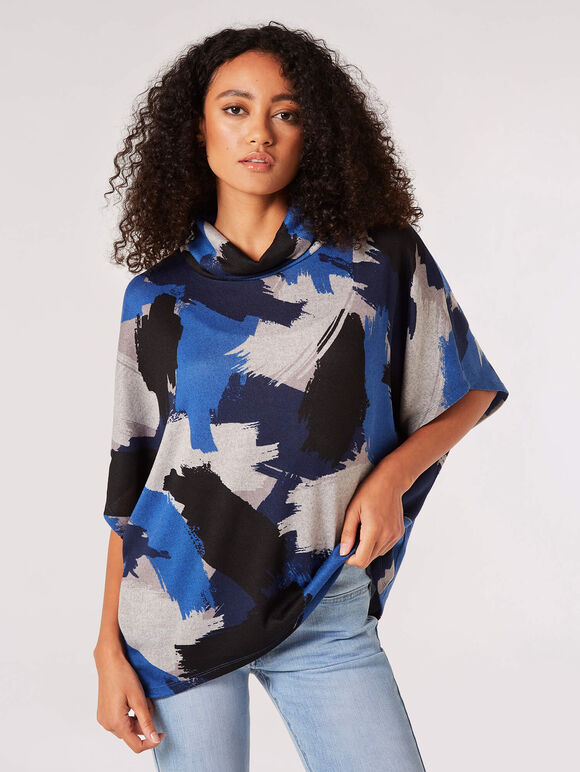 Paint Stroke Cowl Neck Top, Blue, large