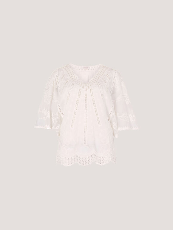 Embroidered Cotton Mesh Top, White, large