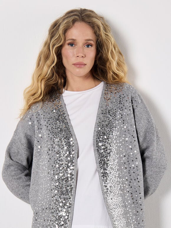 Sequin Embellished Long Cardigan, Grey, large