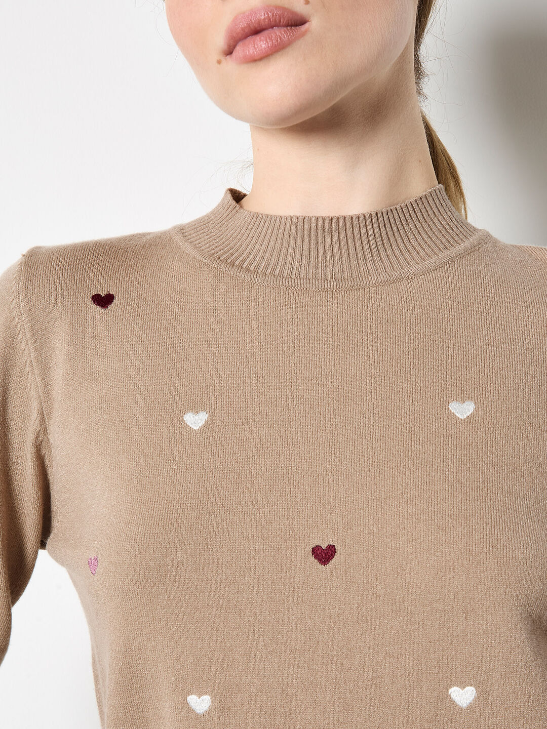 Embroidered Hearts Fine Knit Jumper Apricot Clothing
