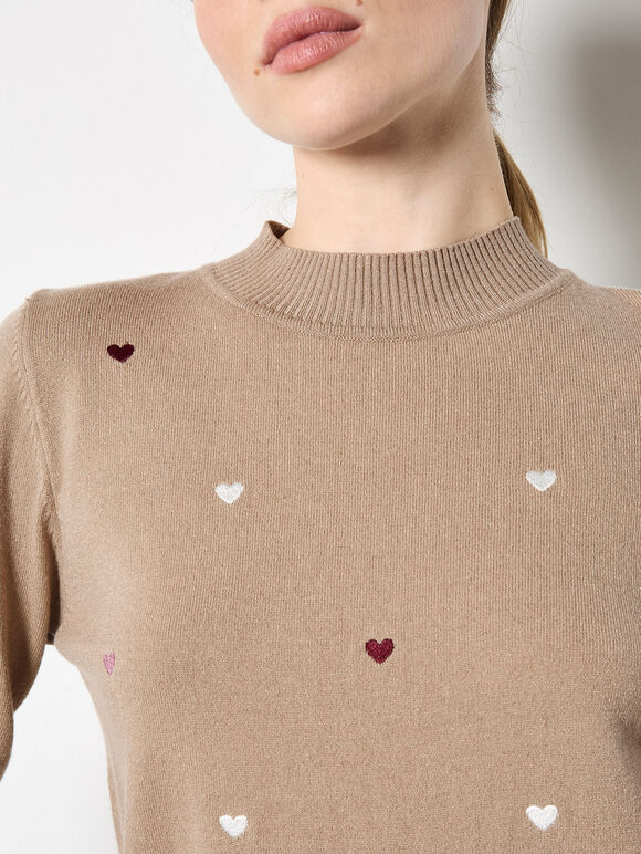 Embroidered Hearts Fine Knit Jumper, Stone, large
