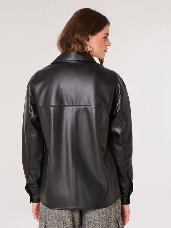 Leather Look Shirt Jacket, Black, large