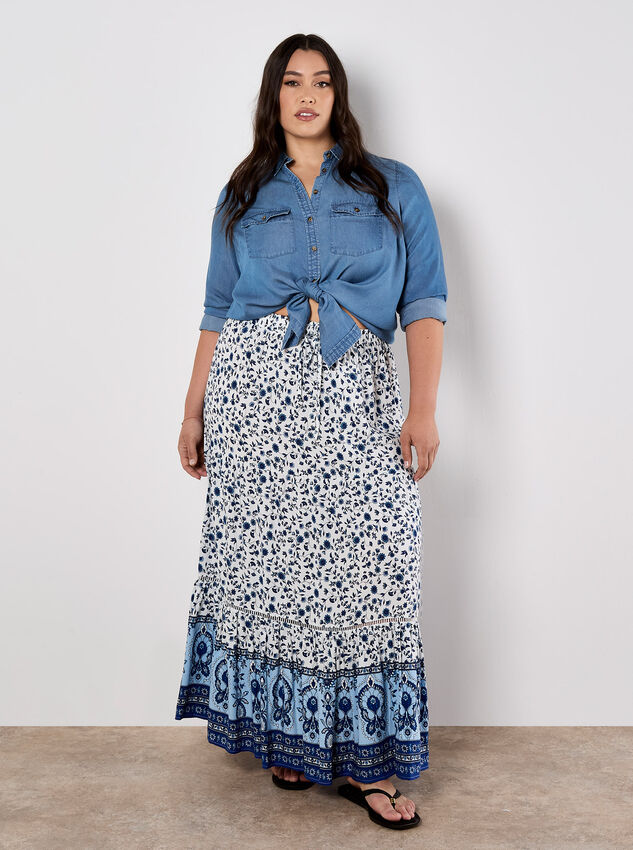 Sarasa Floral Tiered Maxi Skirt, Cream, large