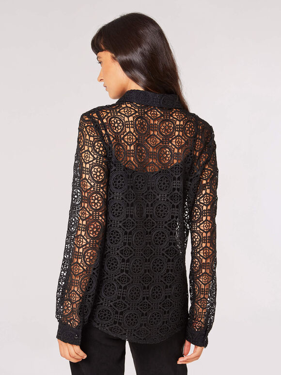Geometric Guipure Lace Shirt, Black, large