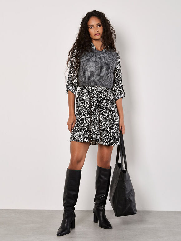 Petal Print Belted Shirt Mini Dress, Stone, large