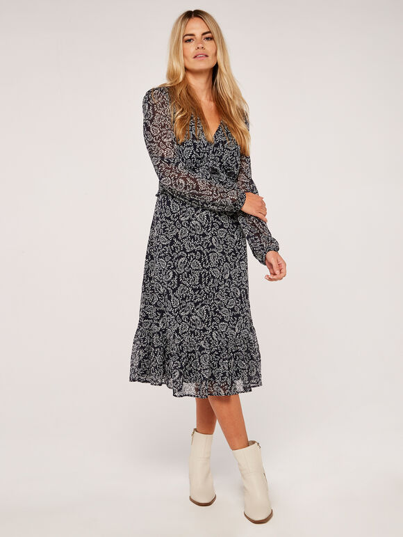 Folk Leaf Ruffle Waist Midi Dress, Navy, large