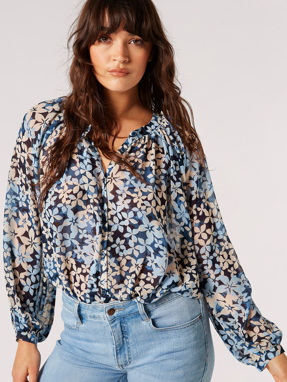 Floral Silhouette Chiffon Blouse, Navy, large