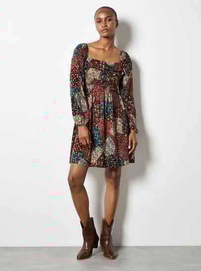 Patchwork Print Boho Mini Dress
