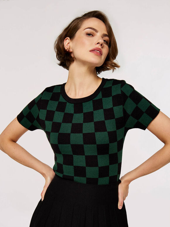 Chequered  Knit Top, Green, large