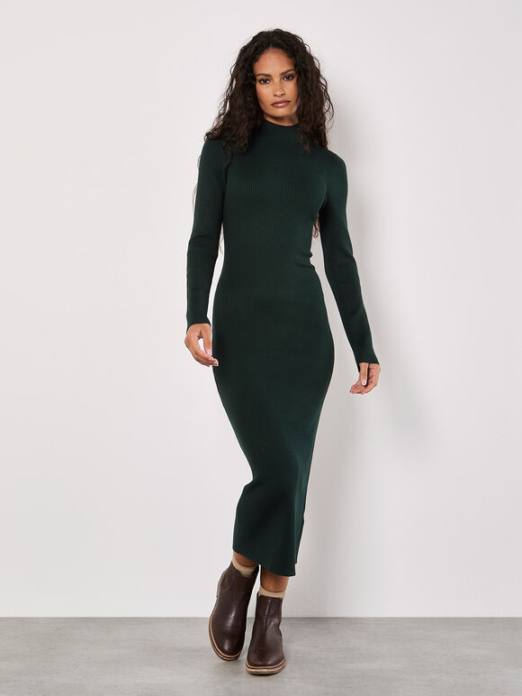 Ribbed Knit Midi Dress, Green, large