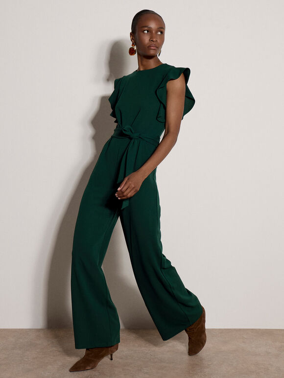 Ruffle Sleeve Jersey Jumpsuit, Pine Green, large