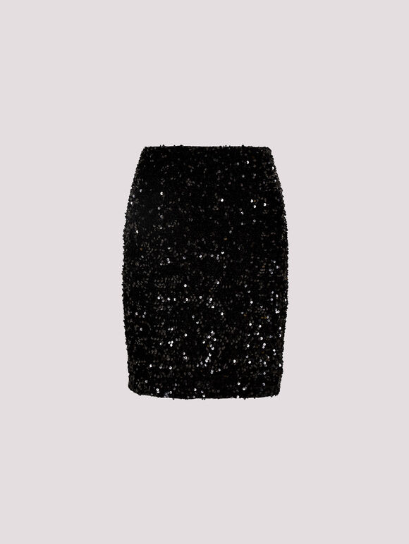 Velvet Sequin Bodycon Mini Skirt, Black, large