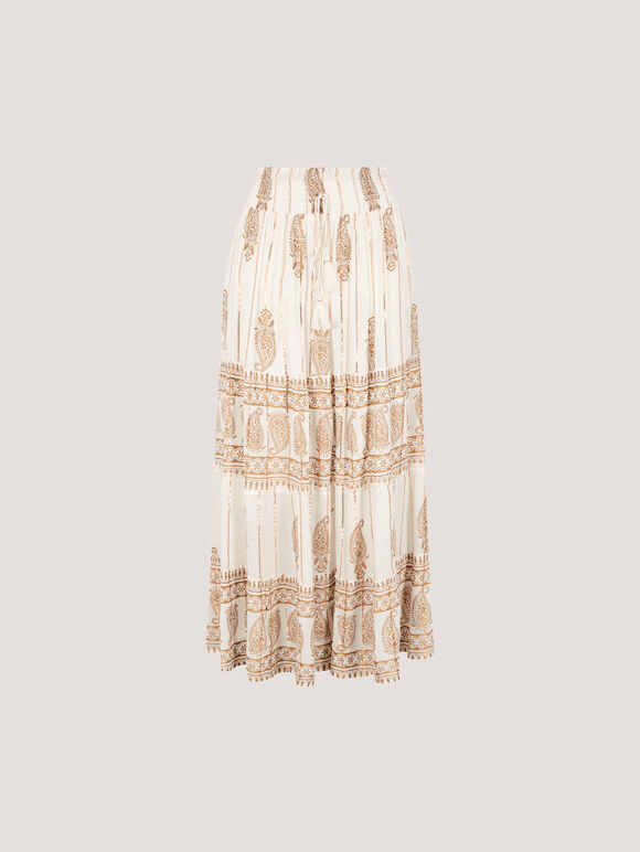 Gold Foil Paisley Tiered Maxi Skirt, Cream, large