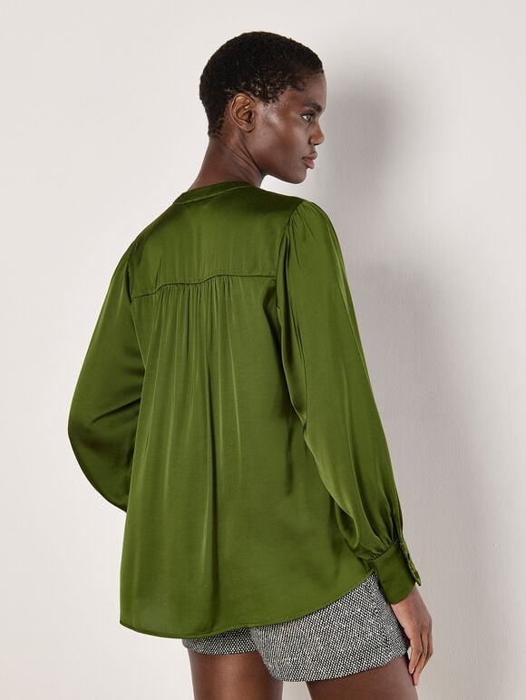 Balloon Sleeve Satin Blouse, Green, large