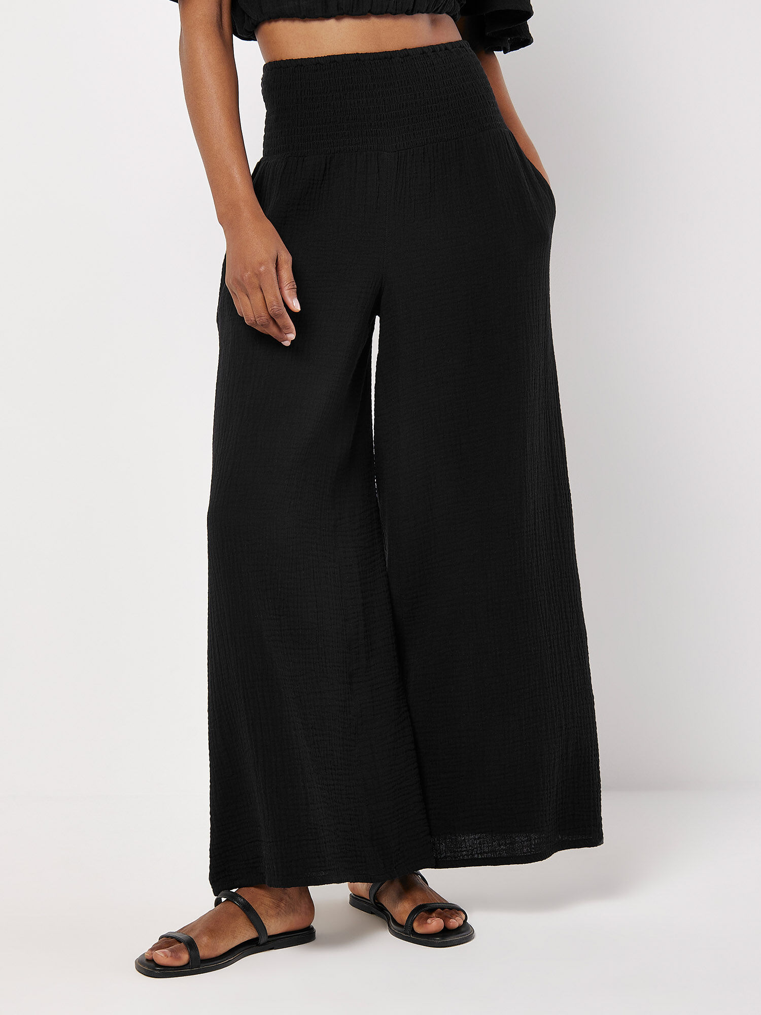 Smocked Waistband Palazzo Trousers Apricot Clothing