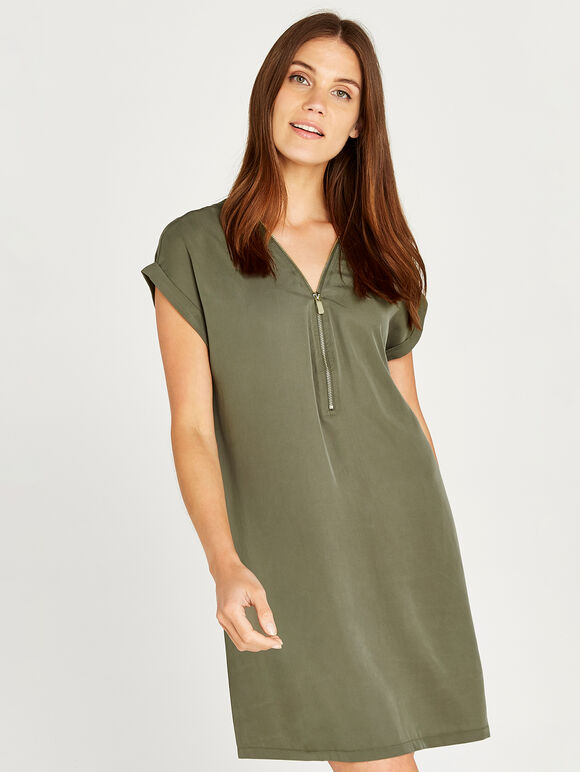 Zip Front Dress, Khaki, large