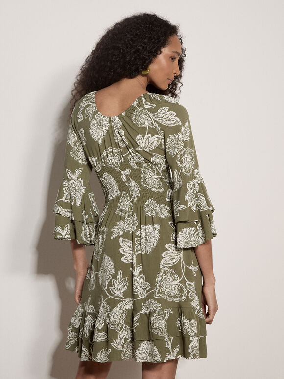 Sarasa Floral Ruffle Mini Dress, Khaki, large