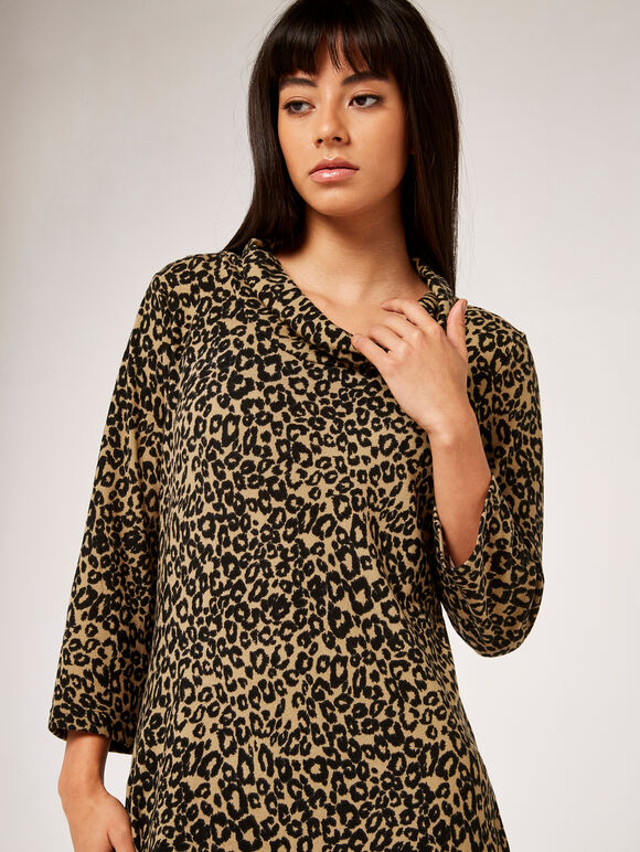 Leopard Print Flap Neck Swing Dress, Stone, large