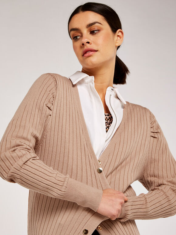 Ribbed Longline Cardigan, Stone, large