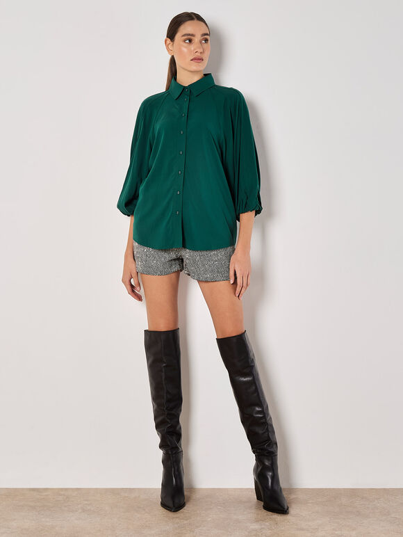 Seam Detail Puff Sleeve Shirt, Green, large