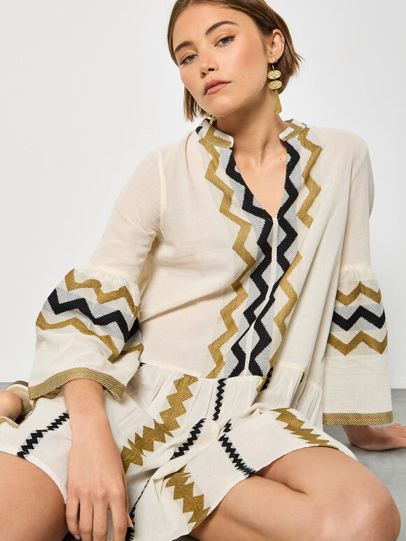 Jacquard Bell Sleeve Dress, Stone, large