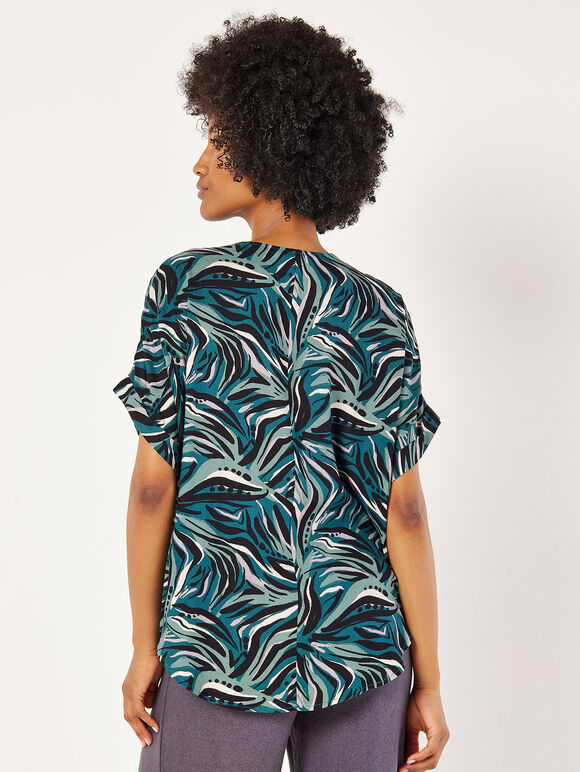 Abstract Print Pleat Blouse, Green, large