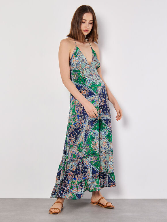 Satin Scarf Print Maxi Dress, Navy, large