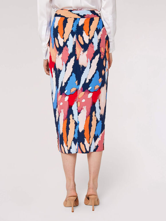 Printed  Wrap Midi Skirt, Navy, large
