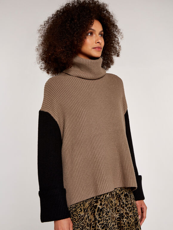 Turtleneck Knit Jumper, Brown, large
