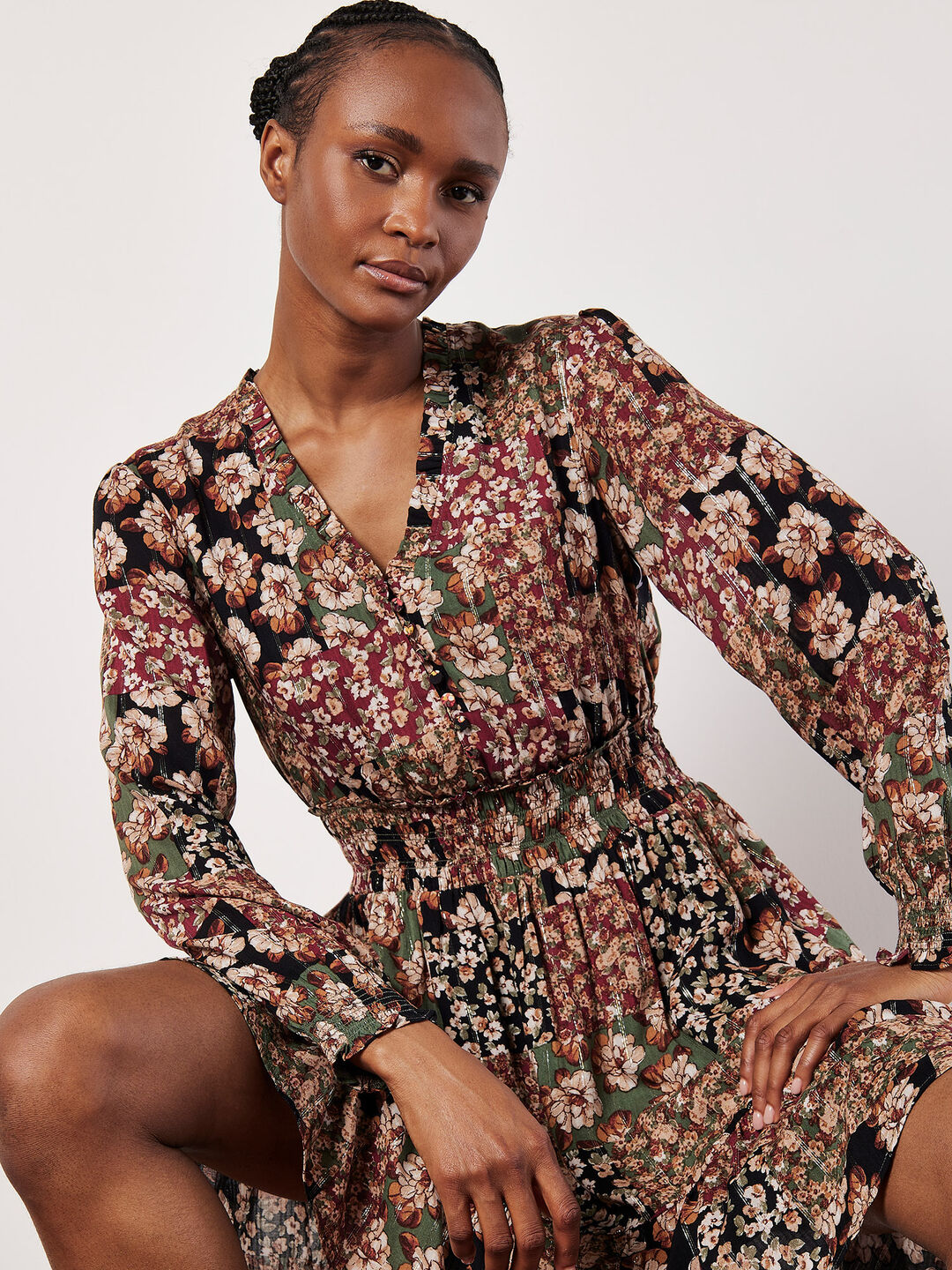 Apricot Women's Patchwork Floral Shimmer Mini Dress in Green | Size: 10