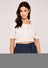 Embroidered Shirred Crop Top, White, large