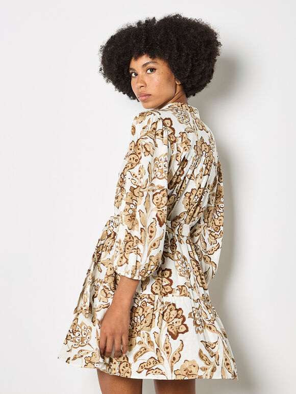 Painterly Sarasa Floral Mini Dress, Cream, large