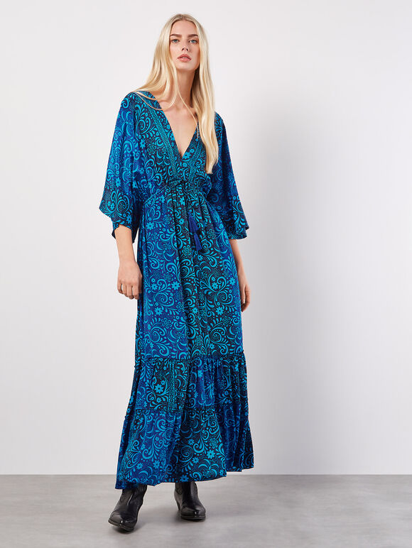 Floral Satin Kimono Maxi Dress, Navy, large