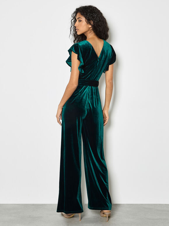 Wide Leg Velvet Ruffle Jumpsuit, Green, large