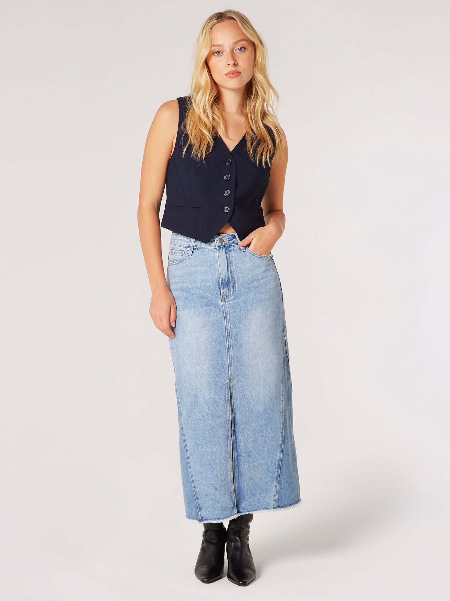 Denim Split Hem Midi Skirt Apricot Clothing