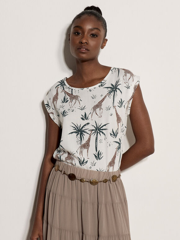Giraffe Tropical Woven T-Shirt, Green, large