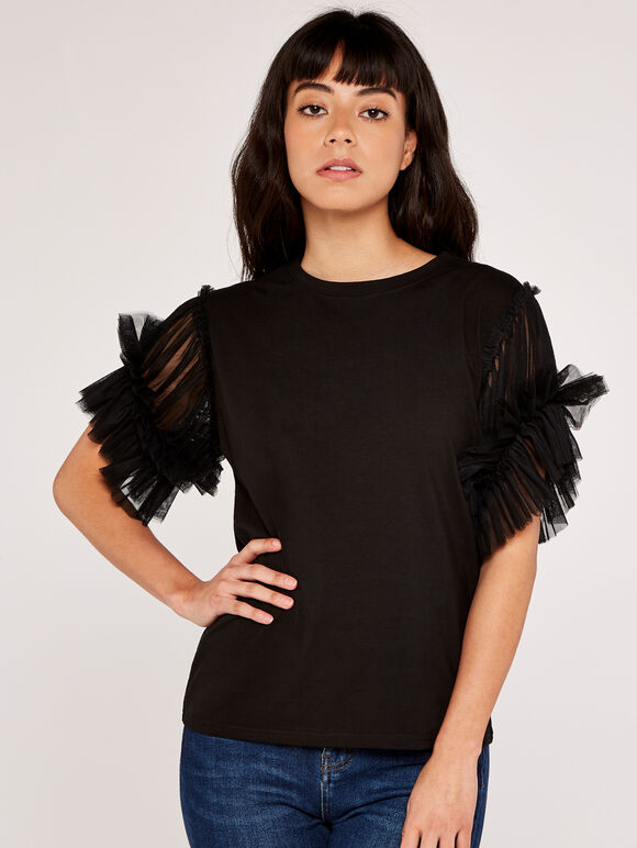 Tulle Sleeve Top, Black, large