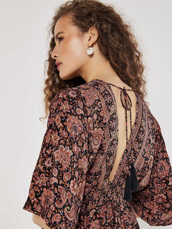 Foil Floral Paisley Satin Maxi Dress, Black, large
