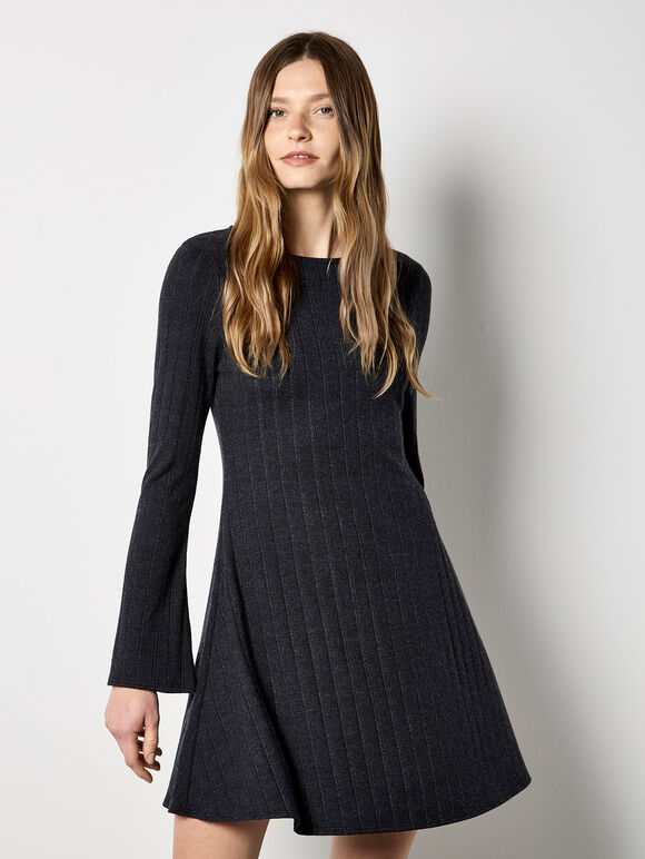Pointelle Knit Jersey Swing Mini Dress, Black, large