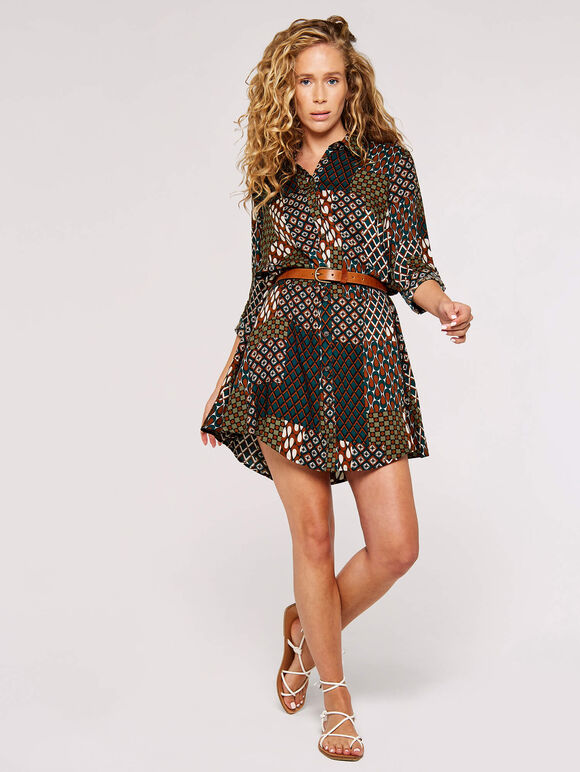 Patchwork Shirt Mini Dress, Rust, large