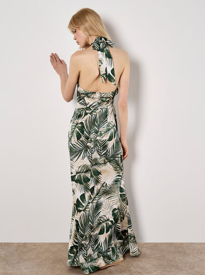 Tropical Leaf Satin Maxi Dress