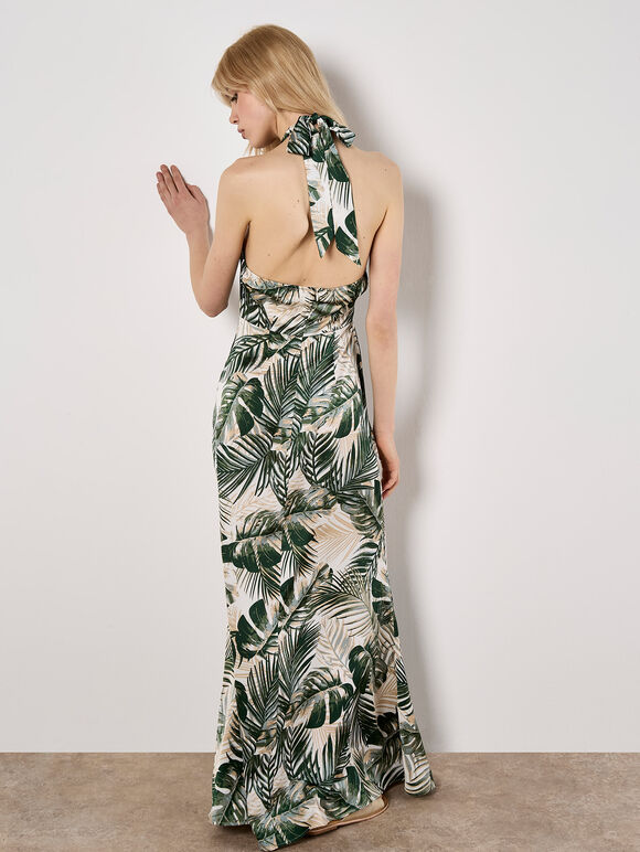 Tropical Leaf Satin Maxi Dress, Cream, large