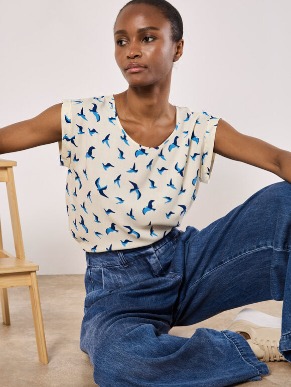 Bird Print Graphic Woven T-Shirt, Cream, large