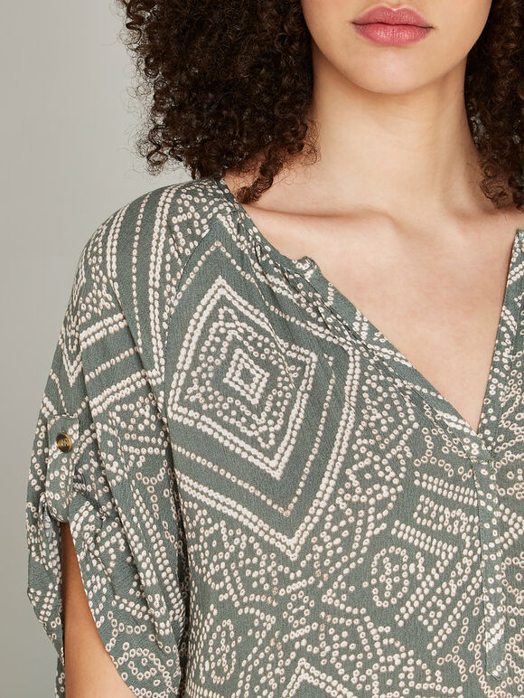 Khaki Dotted Tribal Print High Low Dress, Khaki, large