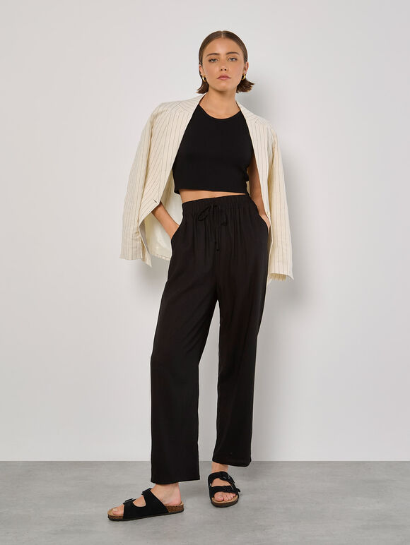 Linen Blend Cropped Trousers, Black, large