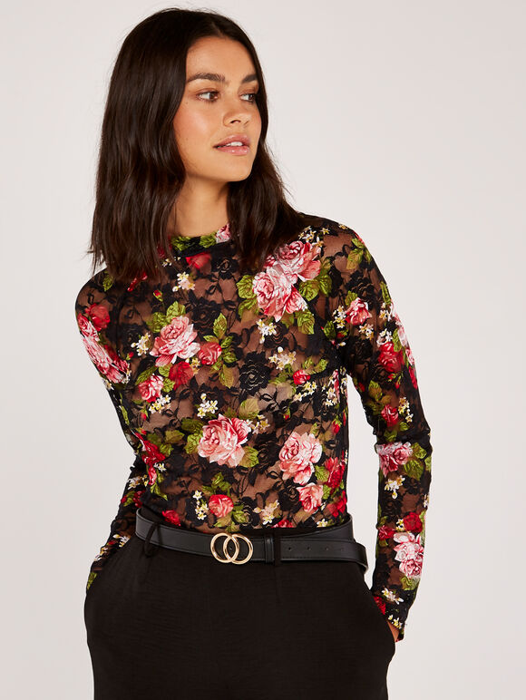 Pink Roses Lace High Neck Top, Black, large